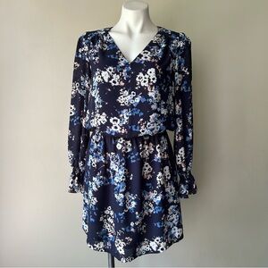 🌼 Lila Rose Navy Floral Poet Sleeve Crepe Blouson Dress, 4 - S